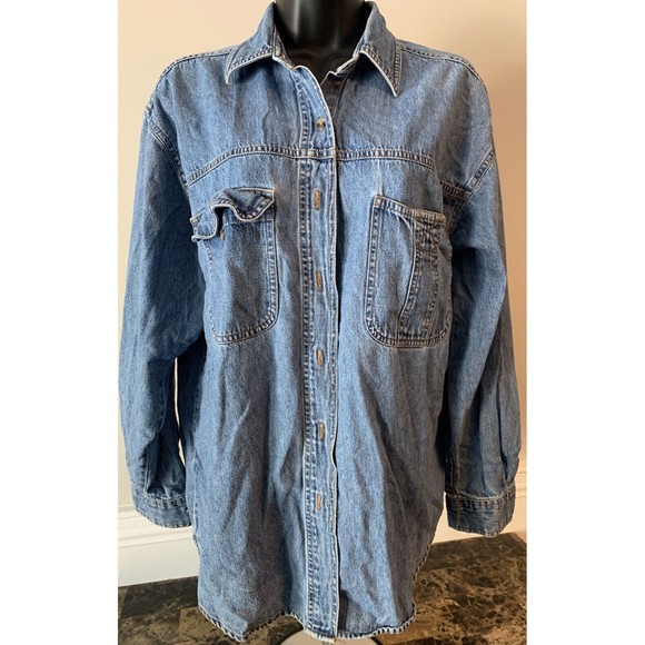 Medium Original Arizona Jean Company Long Sleeve Denim Blue Shirt Button Pockets - Picture 3 of 8
